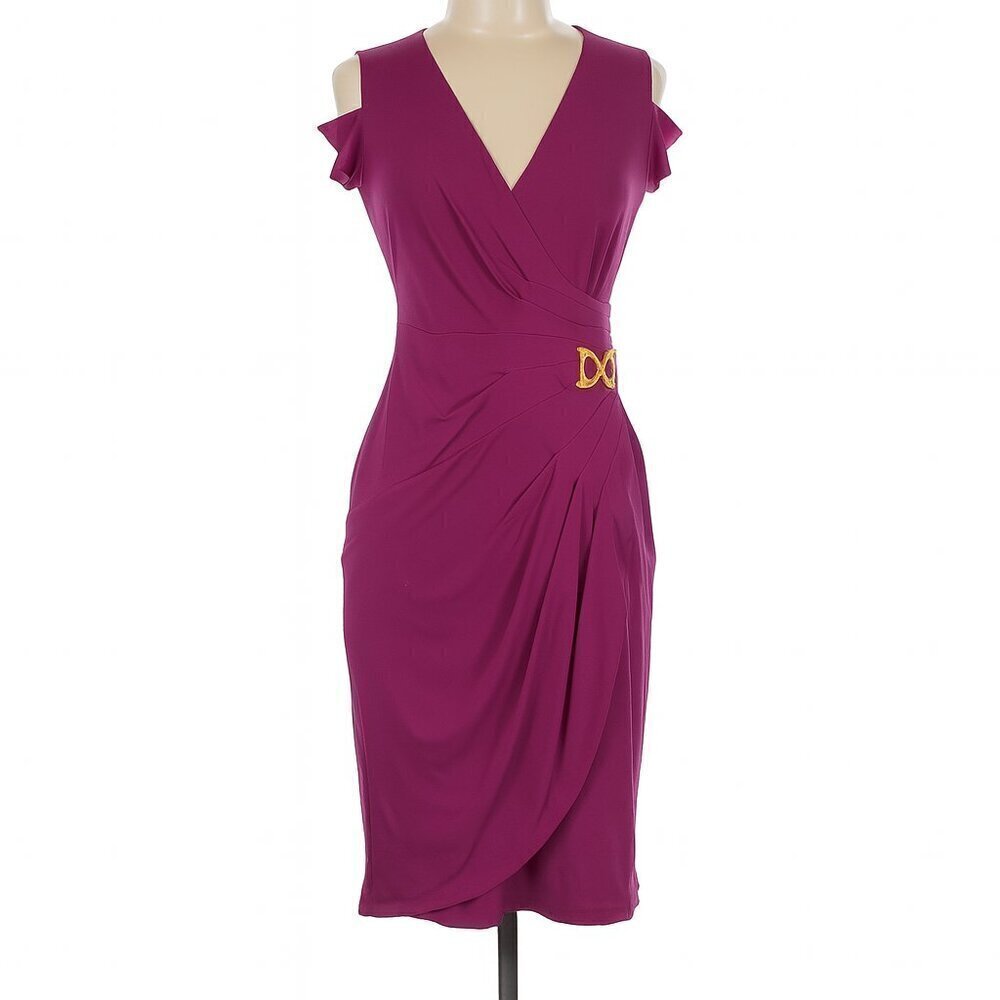 Cache Cold Shoulder Draped Dress XS Petite Form Fitting Stretch Cocktail Gold